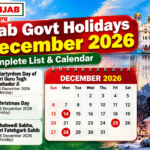 Punjab Govt Holidays in December 2026 calendar featuring Christmas and Shaheedi Sabha