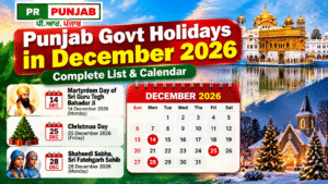 Punjab Govt Holidays in December 2026 calendar featuring Christmas and Shaheedi Sabha