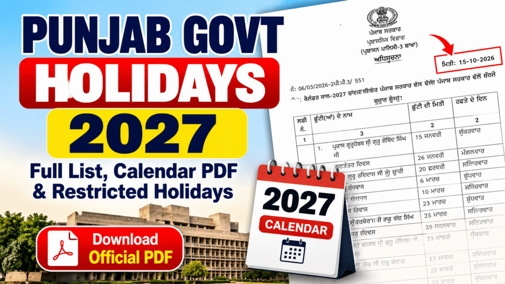 Punjab Government Holidays 2027 calendar with official Punjabi government notification and gazetted holidays list
