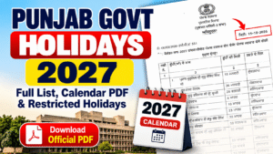 Punjab Government Holidays 2027 calendar with official Punjabi government notification and gazetted holidays list