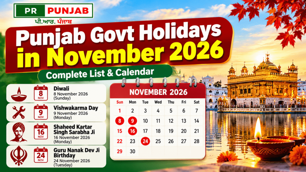 Punjab Govt Holidays in November 2026 calendar with Diwali and Guru Nanak Dev Ji birthday