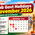 Punjab Govt Holidays in November 2026 calendar with Diwali and Guru Nanak Dev Ji birthday