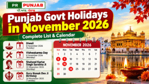 Punjab Govt Holidays in November 2026 calendar with Diwali and Guru Nanak Dev Ji birthday